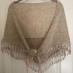 Elegant Mocha Shawl with Lace Fringe Detailing
